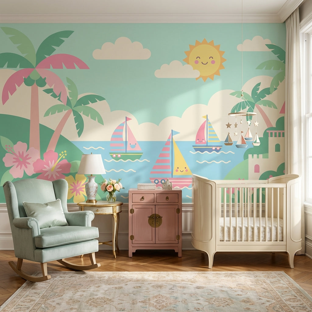 Mediterranean Seaside Wallpaper Pastel Coastal Landscape Wall Mural