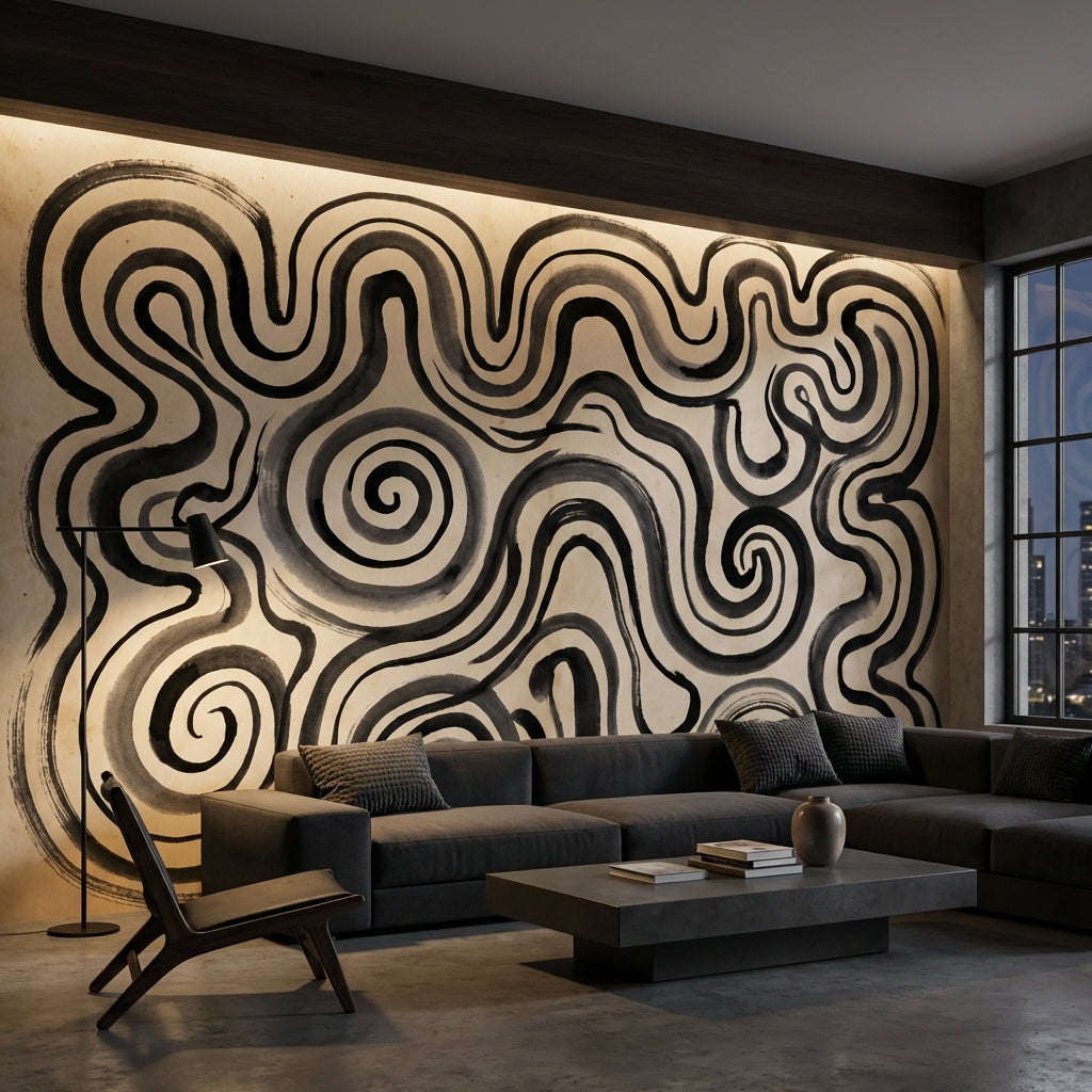 Abstract Maze Wallpaper Spiral Swirls Ink Wash Wall Mural