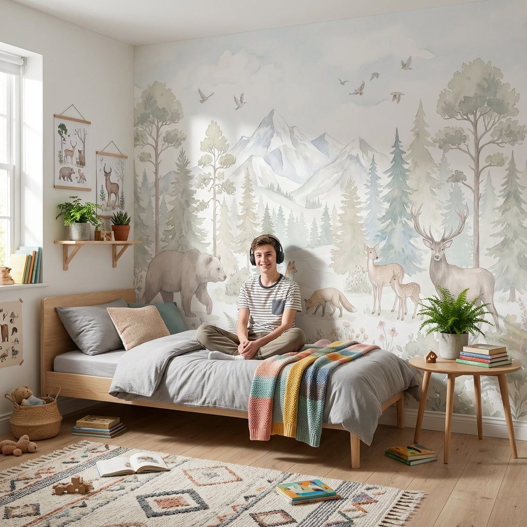 Woodland Landscape Wallpaper Watercolor Pine Forest Wall Mural