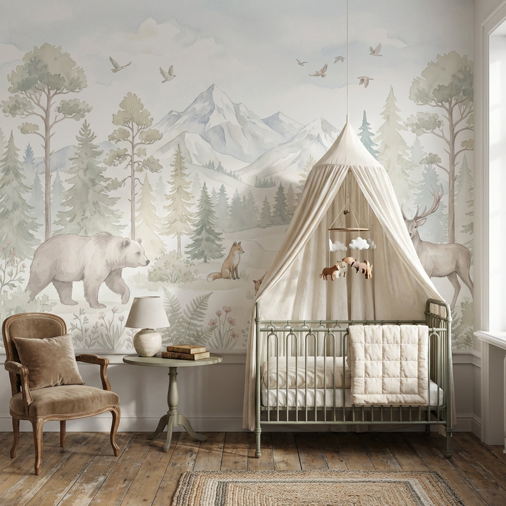 Woodland Landscape Wallpaper Watercolor Pine Forest Wall Mural