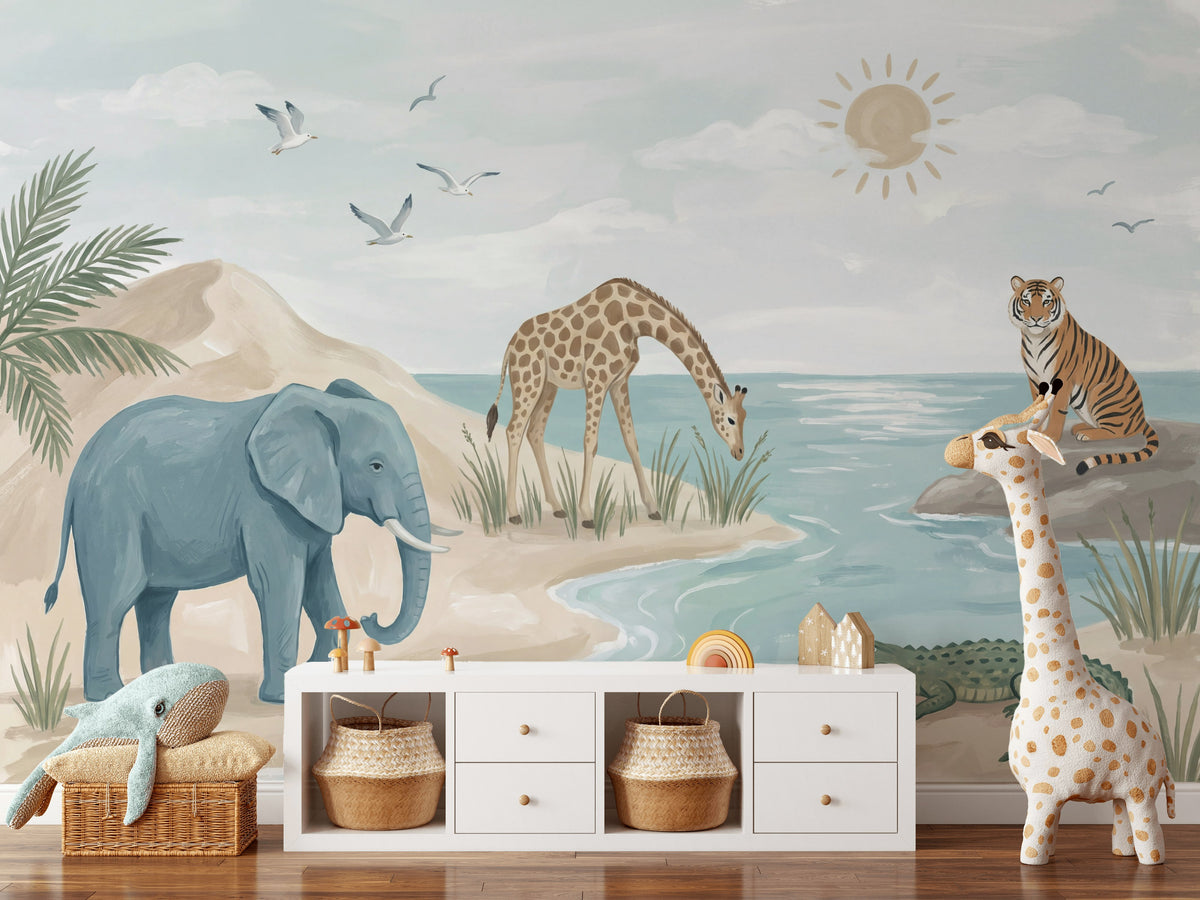 Watercolor Wallpaper Safari Animals Coastal Landscape Wall Mural