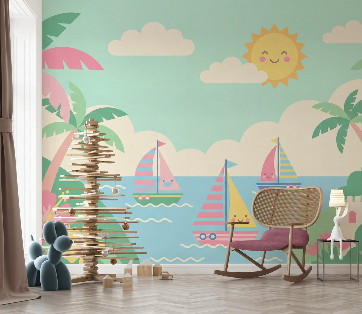 Mediterranean Seaside Wallpaper Pastel Coastal Landscape Wall Mural