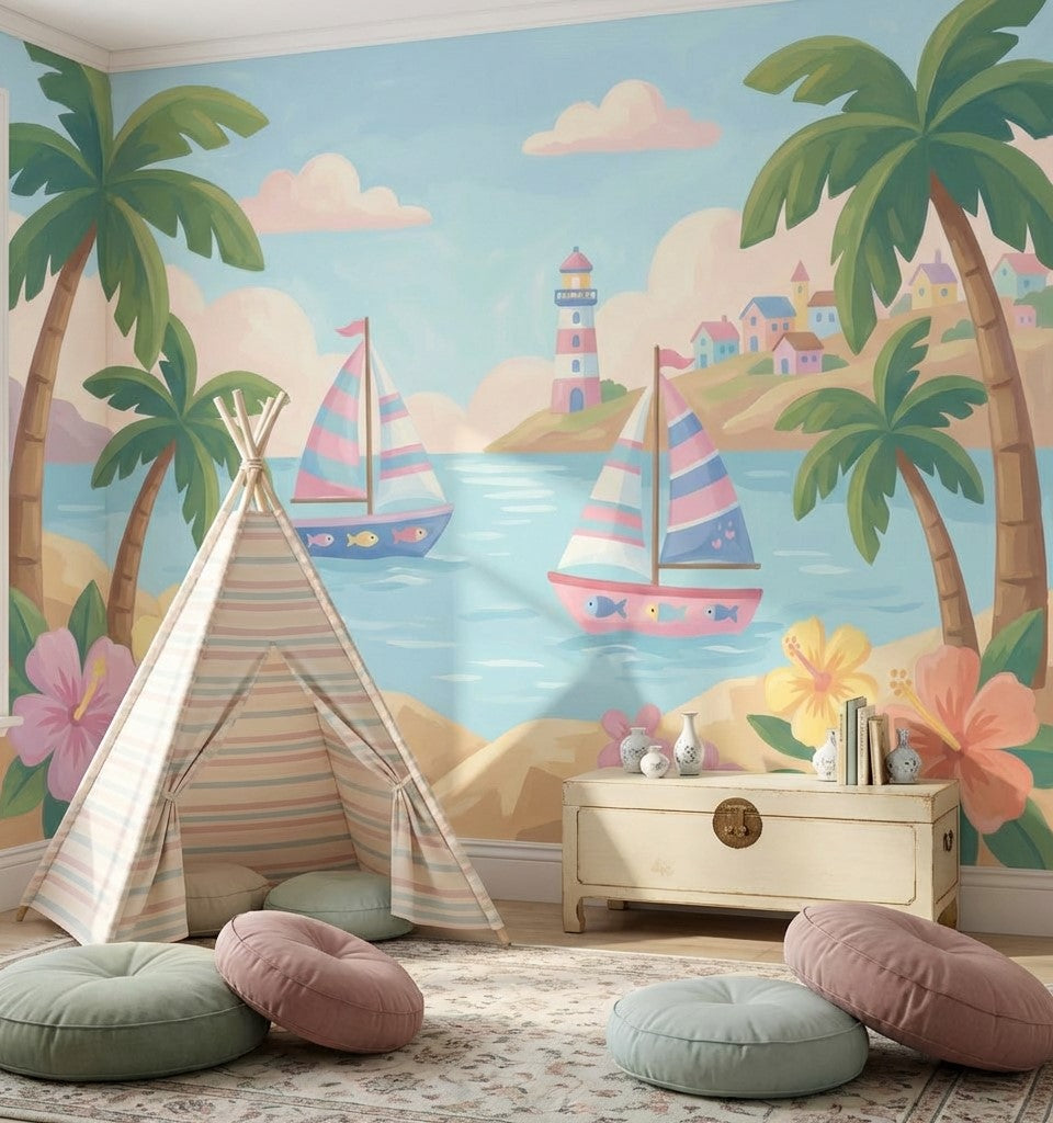 Bright Coastal Landscape Wallpaper Tropical Palms Pastel Sailboats Wall Mural