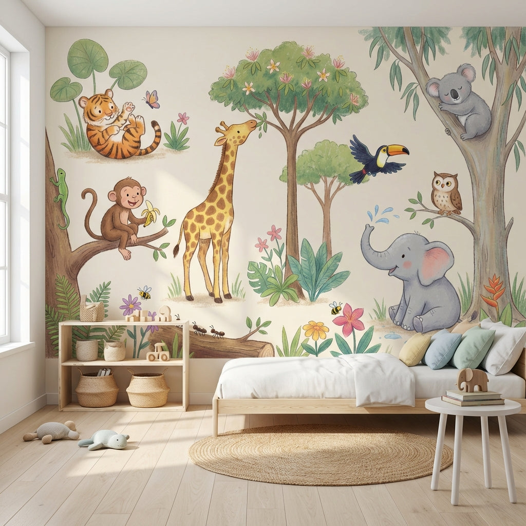 Jungle Animals Wallpaper Watercolor Illustration Cute Safari Removable Wall Decor
