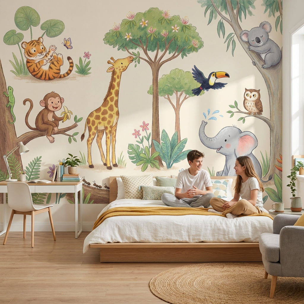 Jungle Animals Wallpaper Watercolor Illustration Cute Safari Removable Wall Decor