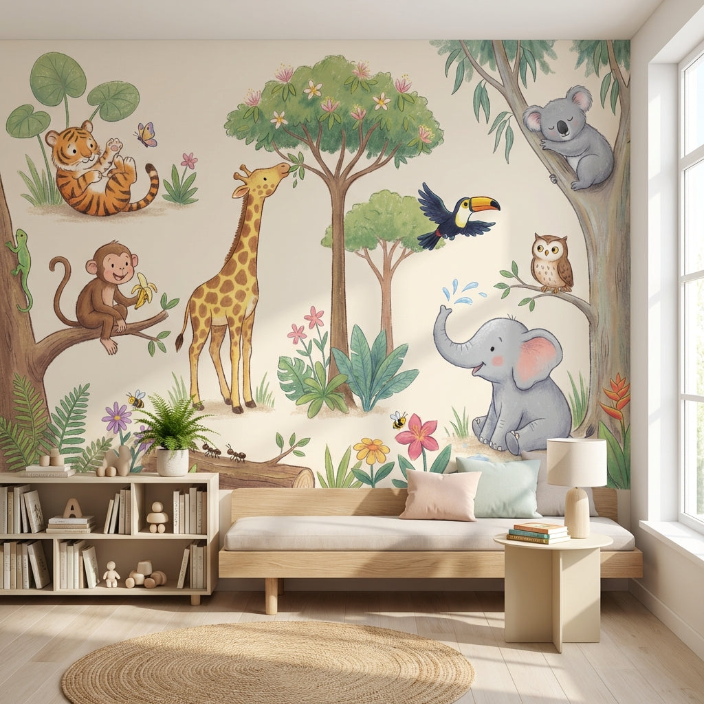 Jungle Animals Wallpaper Watercolor Illustration Cute Safari Removable Wall Decor
