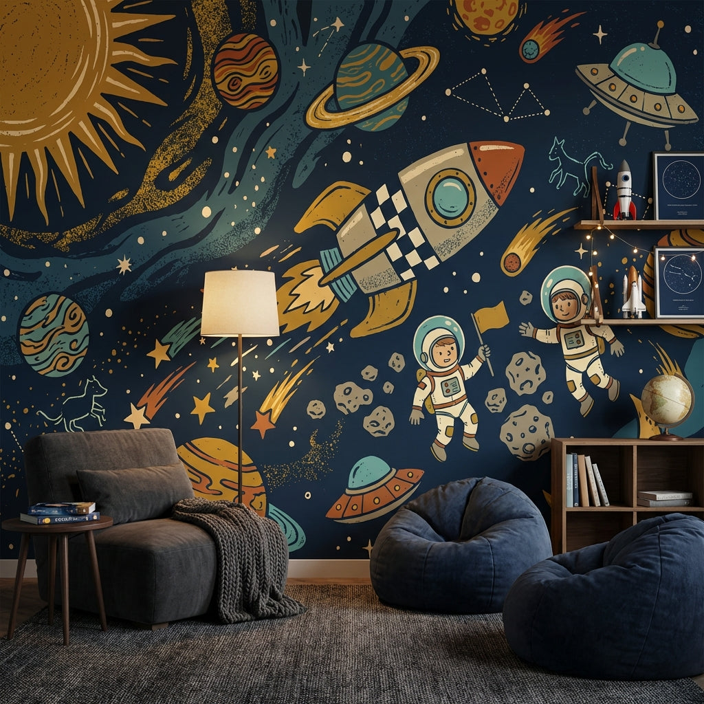 Dark Space Wallpaper Rocket Astronauts Wall Mural