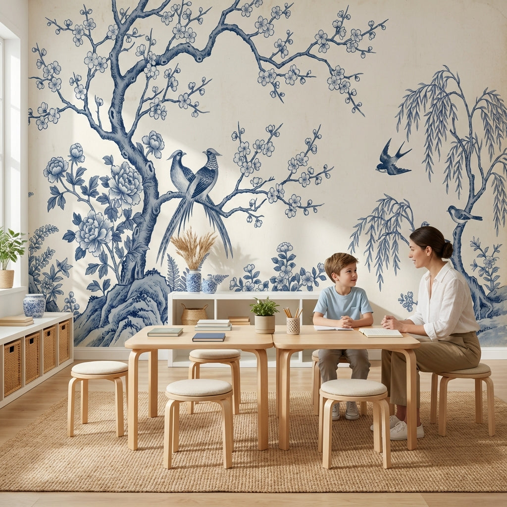 Chinoiserie Wallpaper Blue And White Toile Removable Wall Decor
