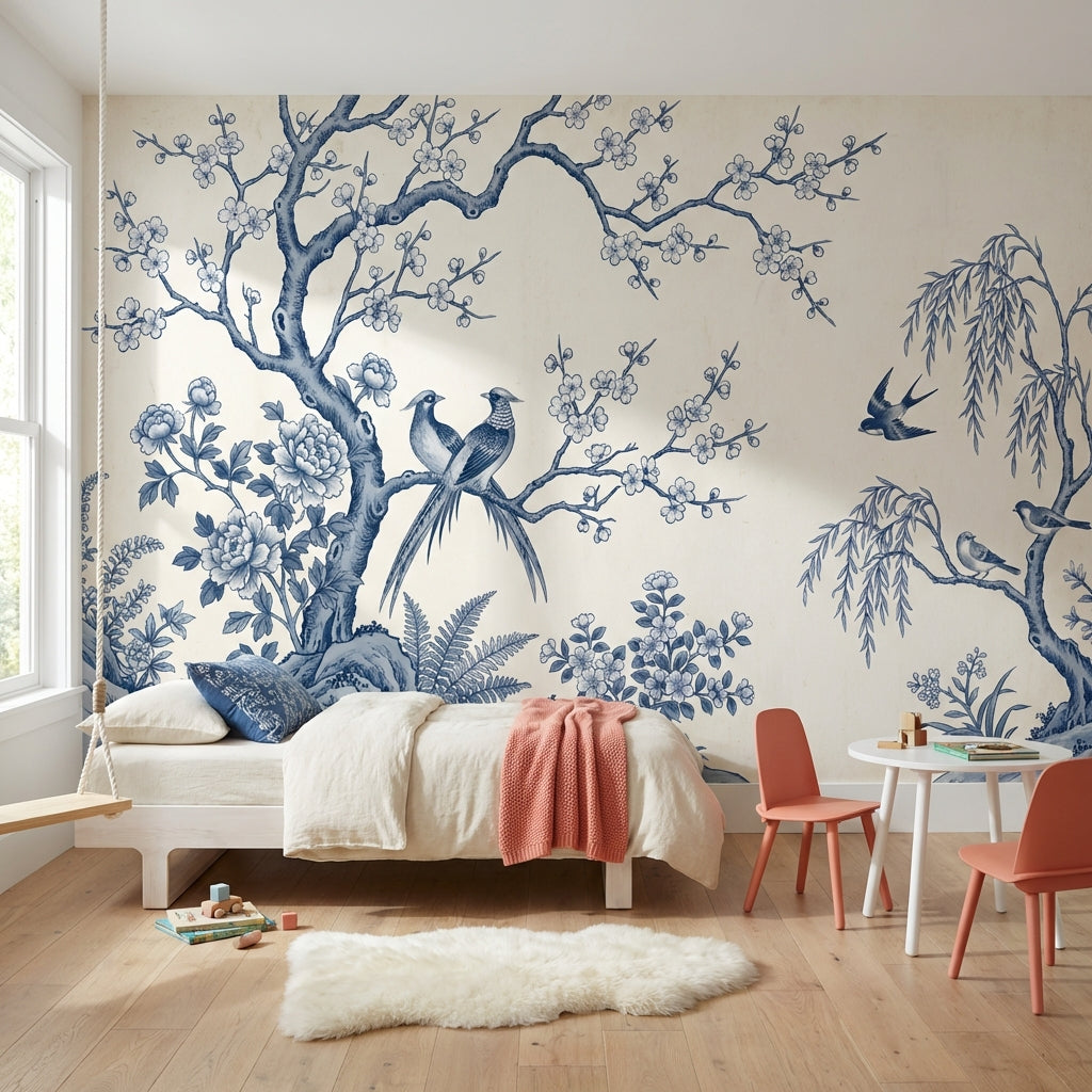 Chinoiserie Wallpaper Blue And White Toile Removable Wall Decor