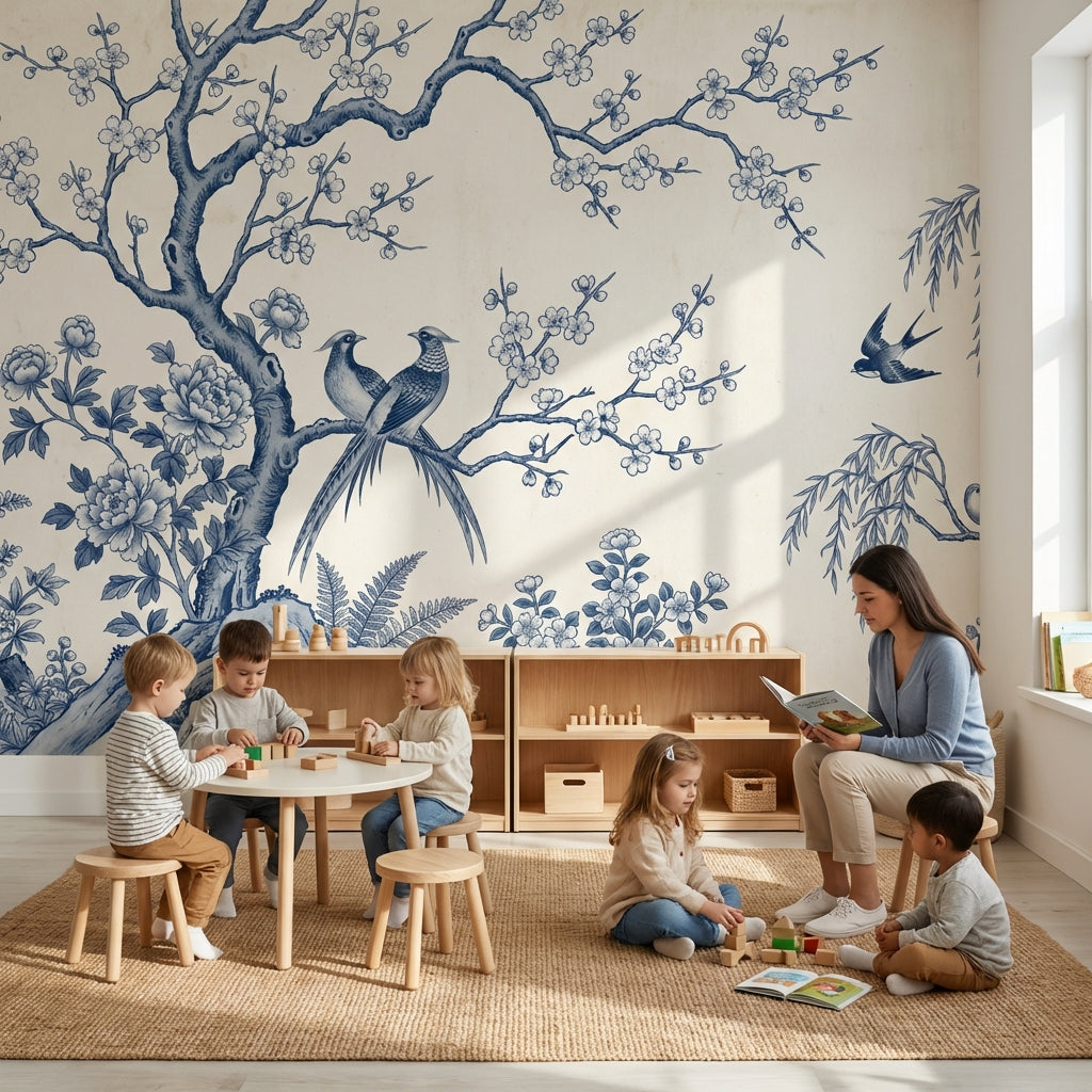 Chinoiserie Wallpaper Blue And White Toile Removable Wall Decor