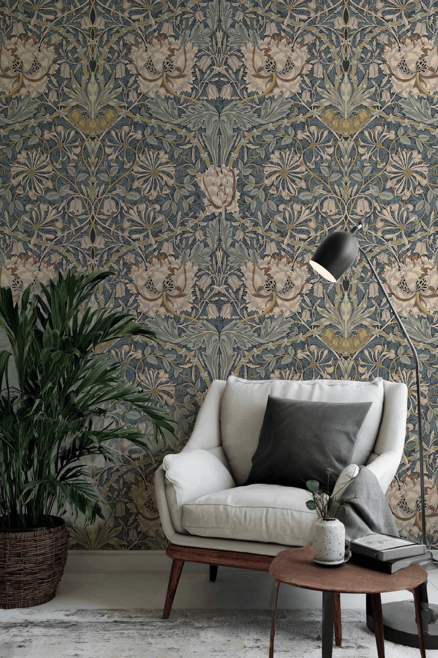 Vintage Floral Wallpaper Blue Botanical Pattern Wall Mural