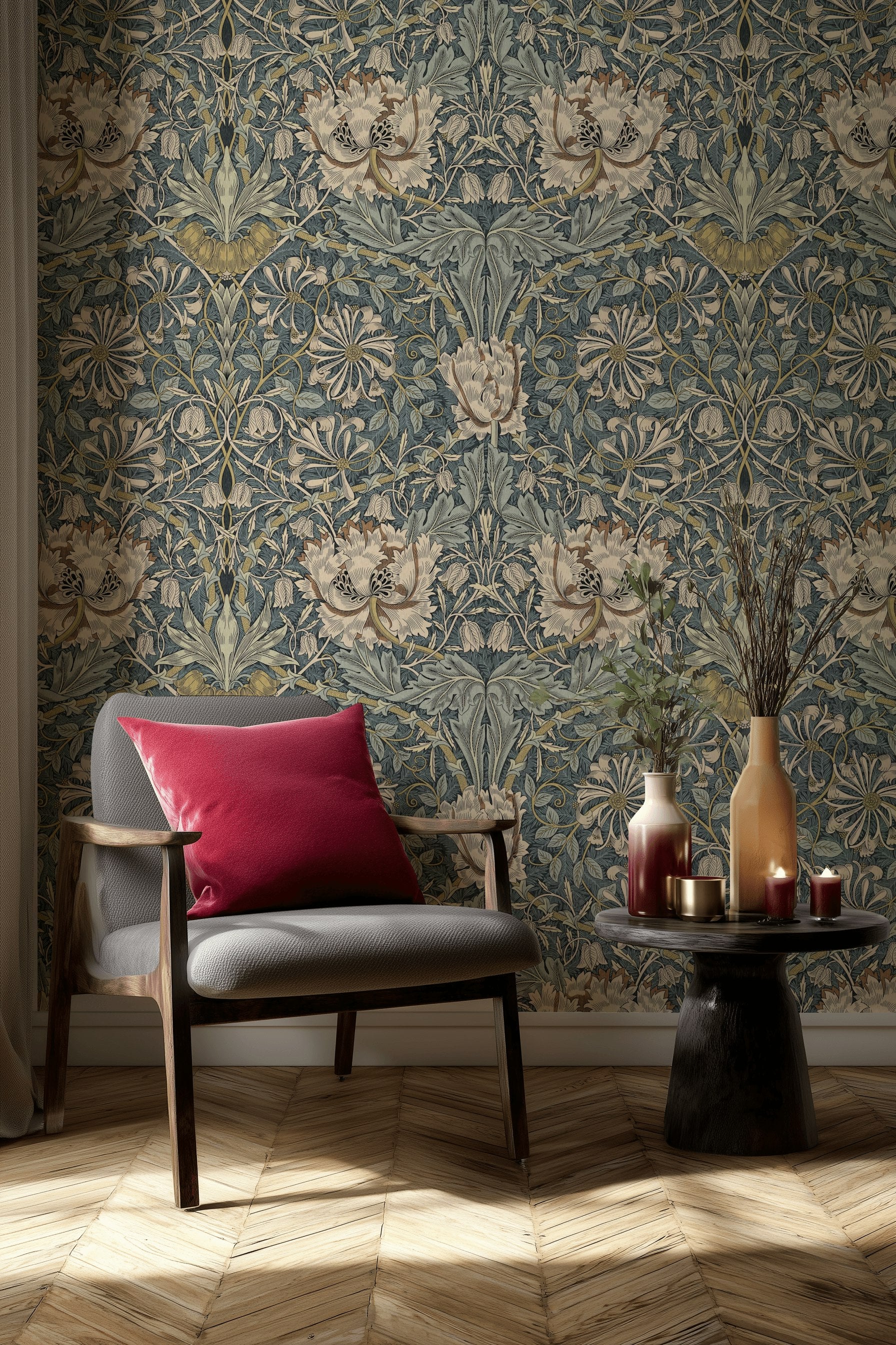 Vintage Floral Wallpaper Blue Botanical Pattern Wall Mural