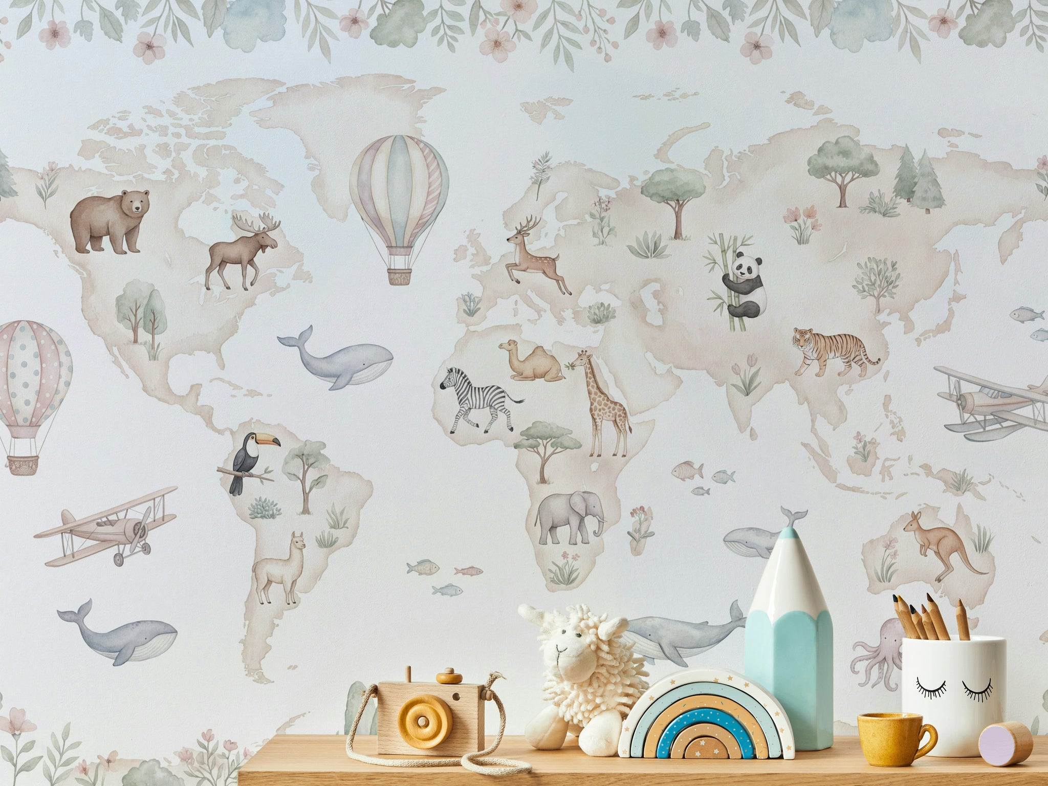 World Map Wallpaper White Background Hot Air Balloon Wall Mural