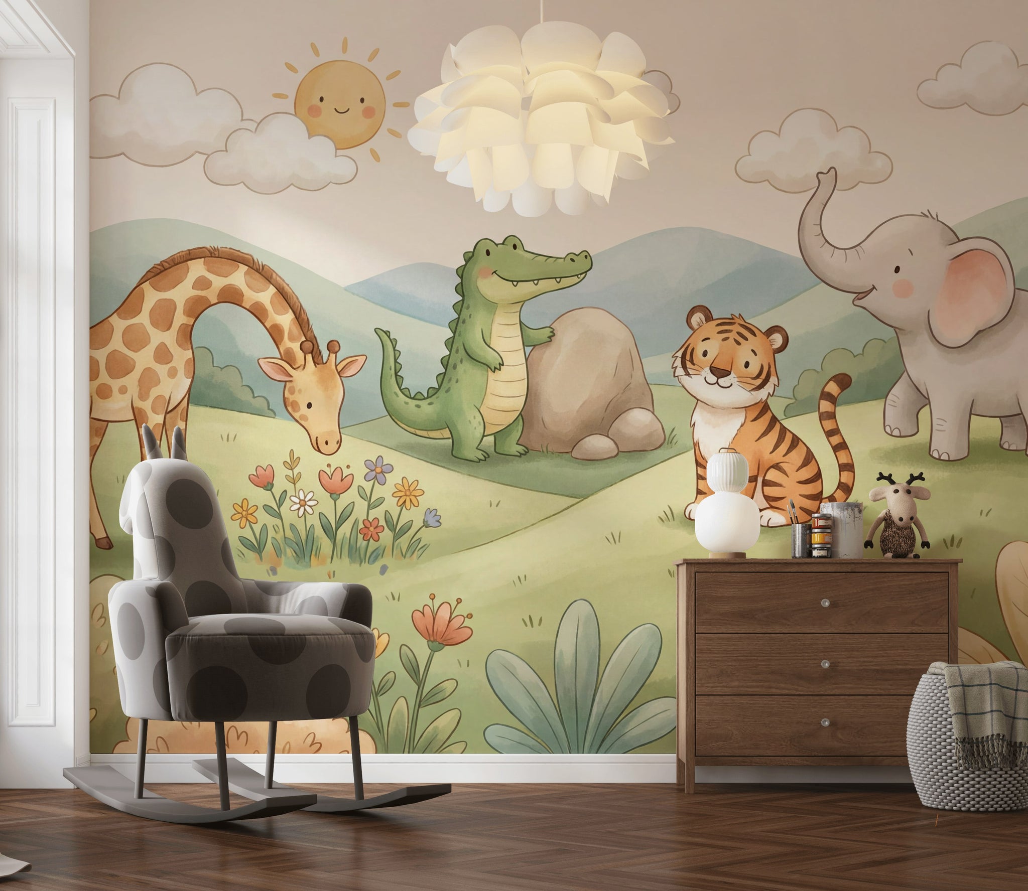 Cute Animals Wallpaper Safari Pastel Watercolor Wall Mural