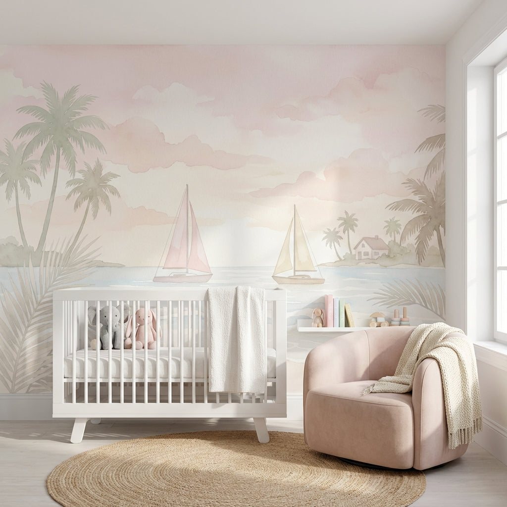 Scenic Landscape Wallpaper Tropical Coast Pastel Seascape Wall Mural
