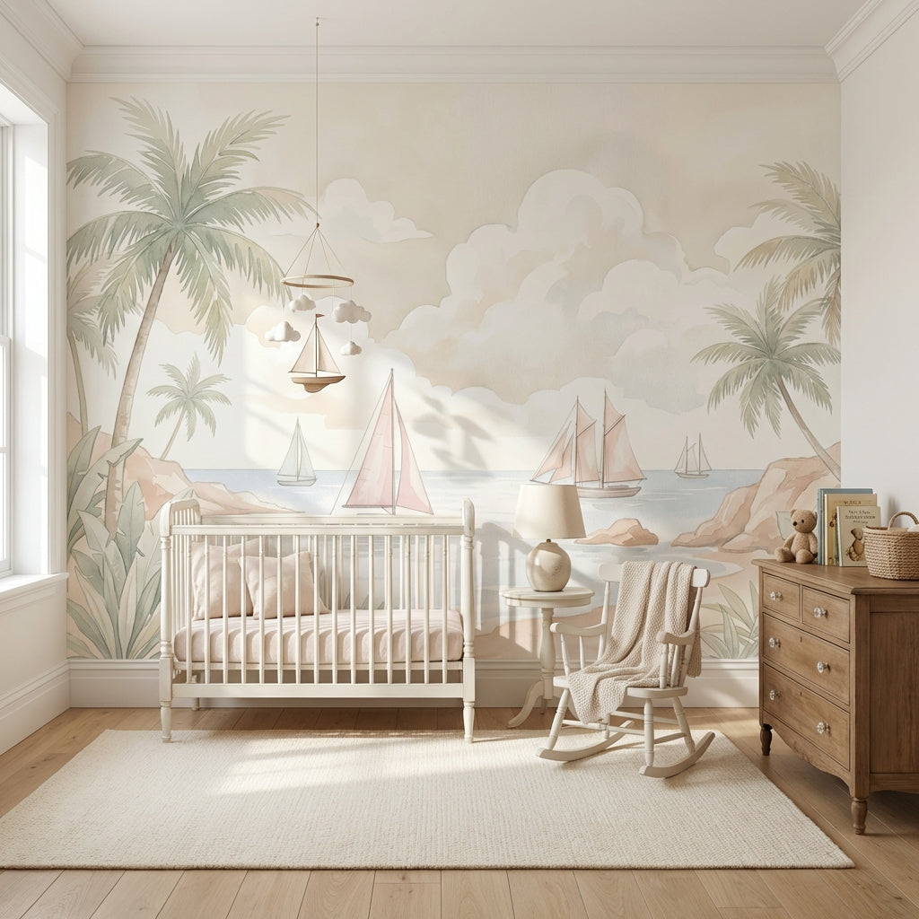 Tropical Coastal Landscape Wallpaper Palm Trees Sailboats Removable Wall Decor