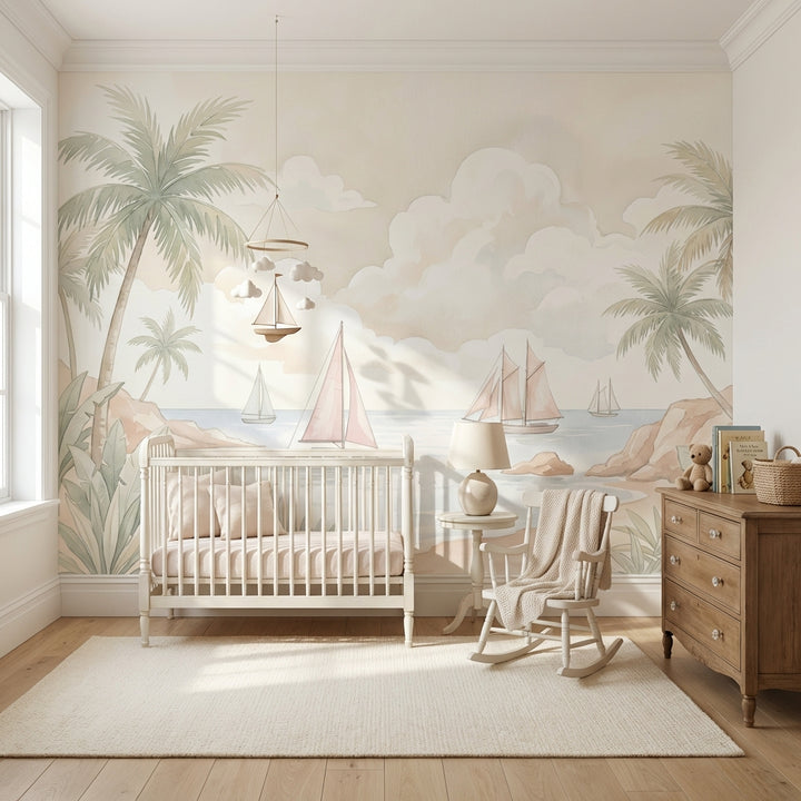Tropical Coastal Landscape Wallpaper Palm Trees Sailboats Removable Wall Decor