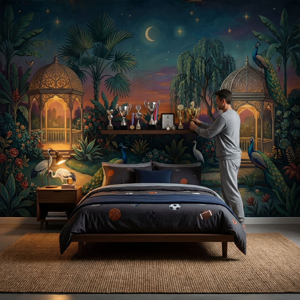 Moonlit Garden Wallpaper Peacocks Ornate Gazebo Wall Mural