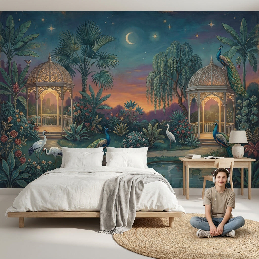 Moonlit Garden Wallpaper Peacocks Ornate Gazebo Wall Mural