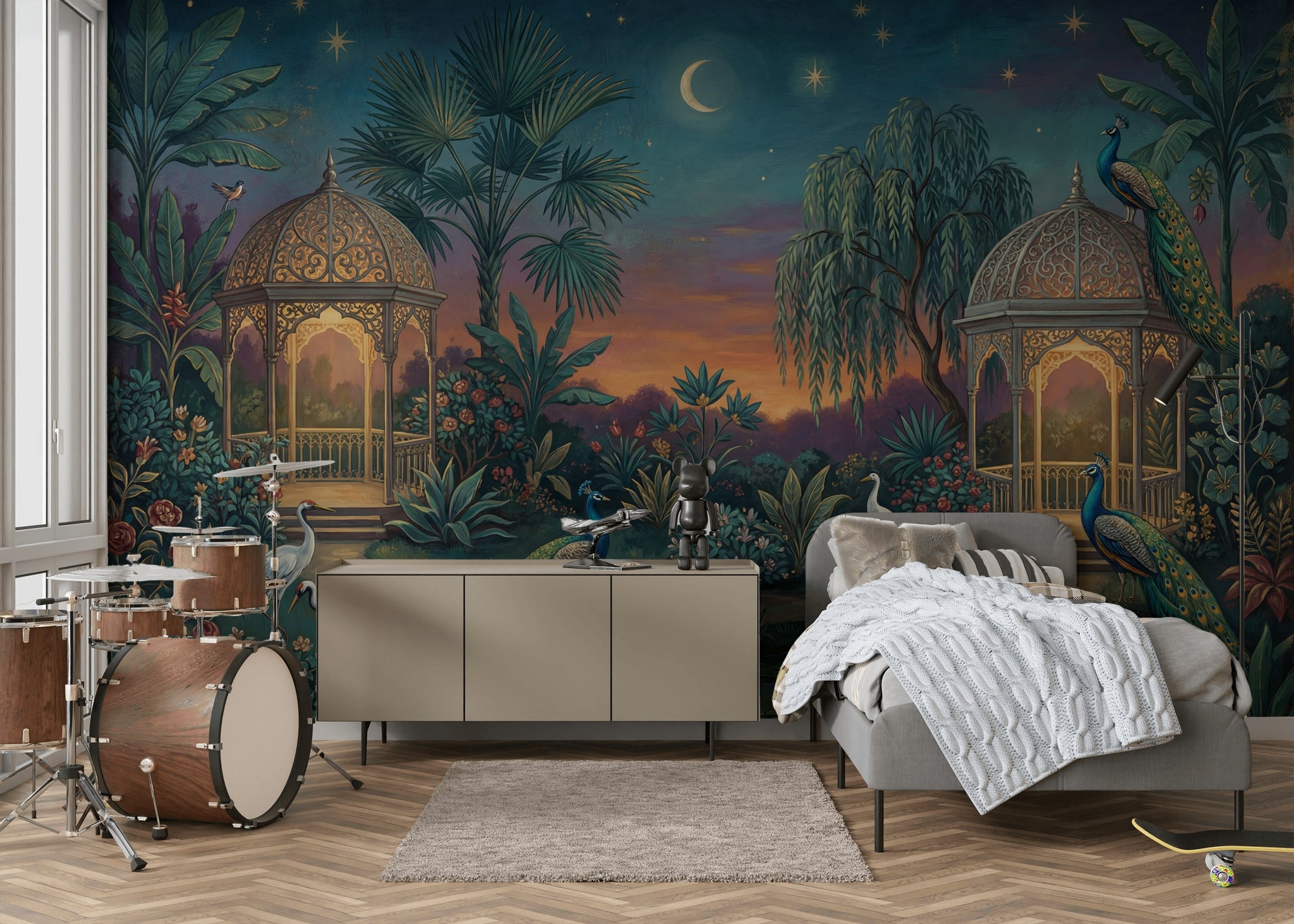 Moonlit Garden Wallpaper Peacocks Ornate Gazebo Wall Mural