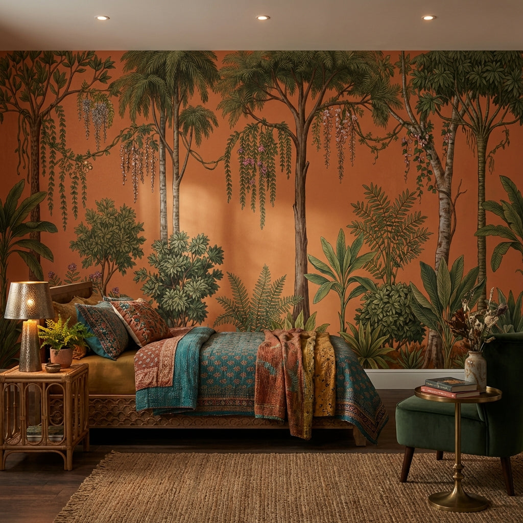 Tropical Botanical Wallpaper Terracotta Background Palm Trees Removable Wall Decor
