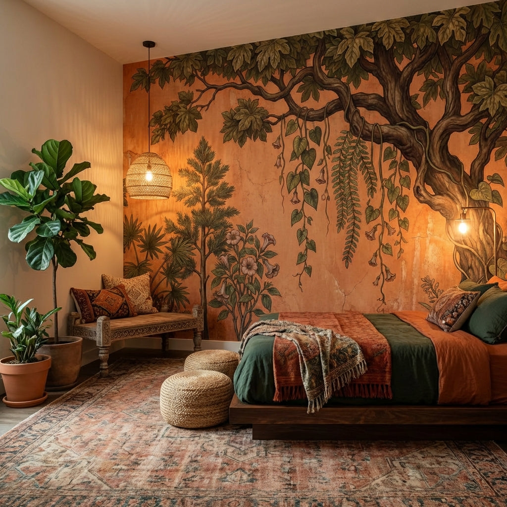 Botanical Mural Wallpaper Vintage Fresco Terracotta Plaster Wall Mural
