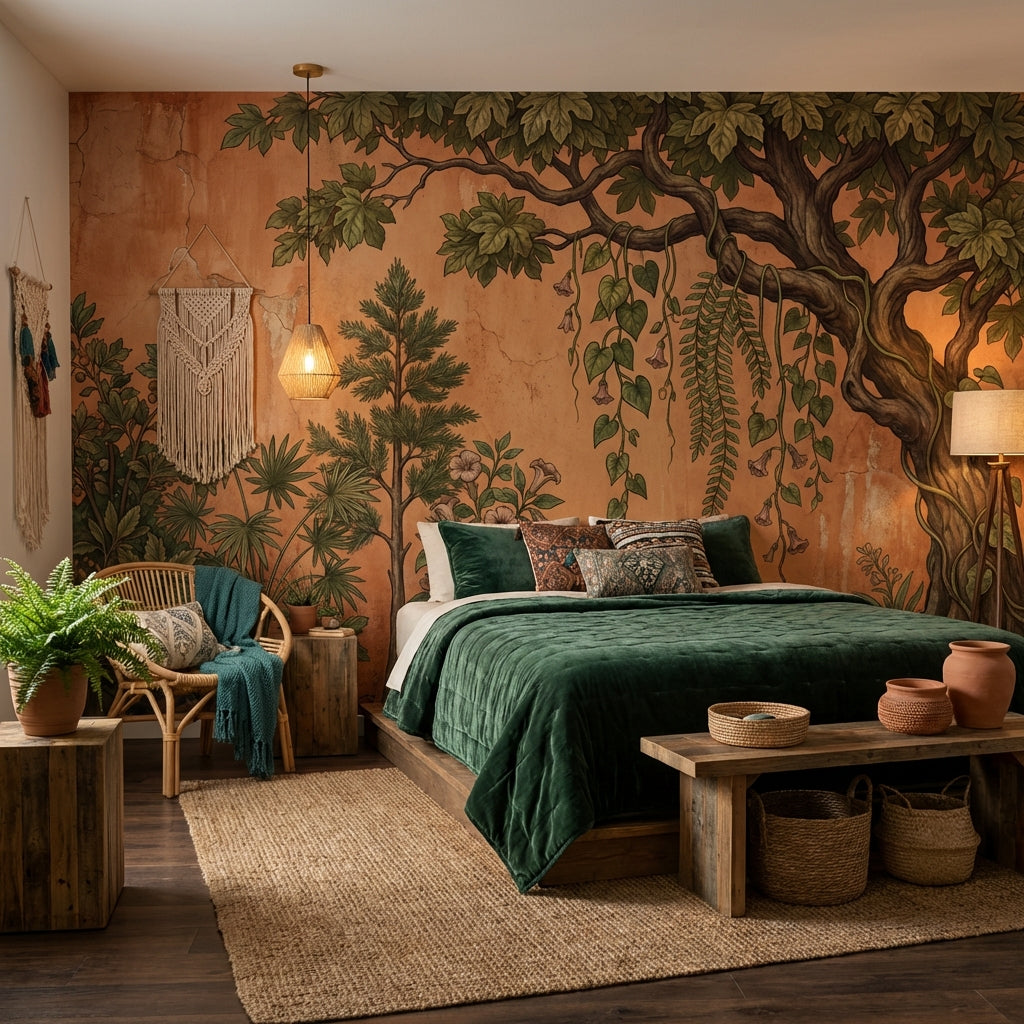 Botanical Mural Wallpaper Vintage Fresco Terracotta Plaster Wall Mural