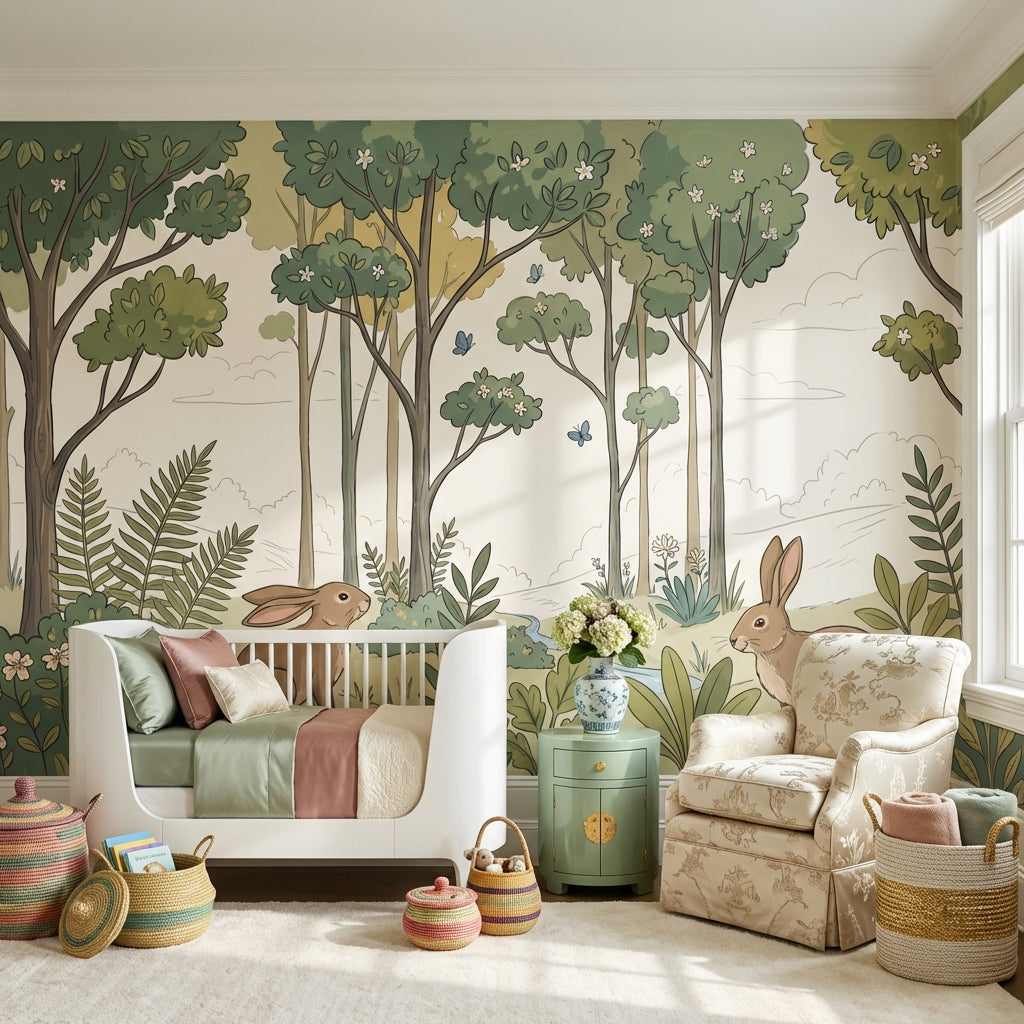 Woodland Landscape Wallpaper Rabbits Storybook Illustration Removable Wall Decor