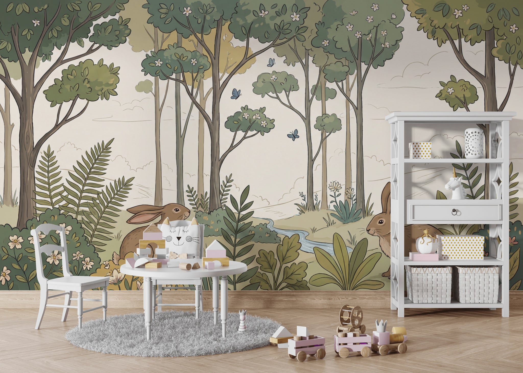 Woodland Landscape Wallpaper Rabbits Storybook Illustration Removable Wall Decor