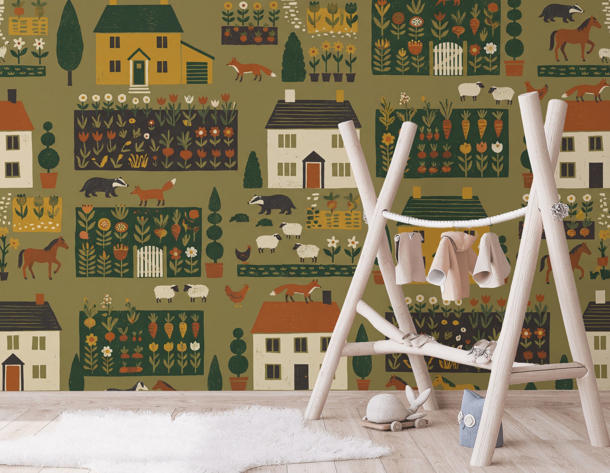 Countryside Wallpaper Farmhouse Folk Art Wall Mural