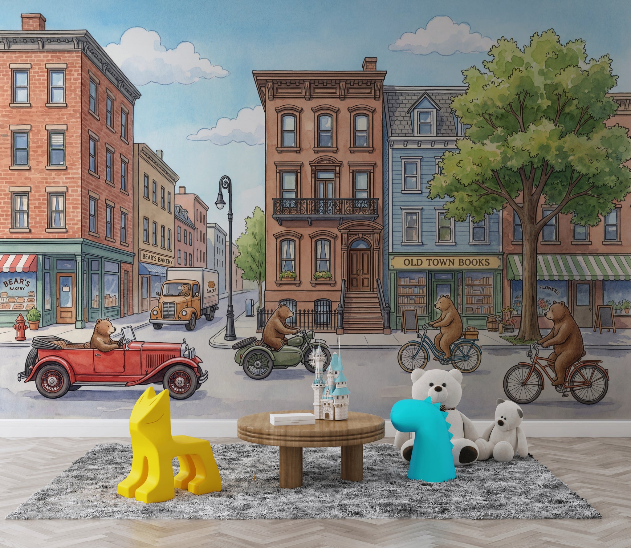 Storybook Illustration Wallpaper Town Street Bookstore Removable Wall Decor