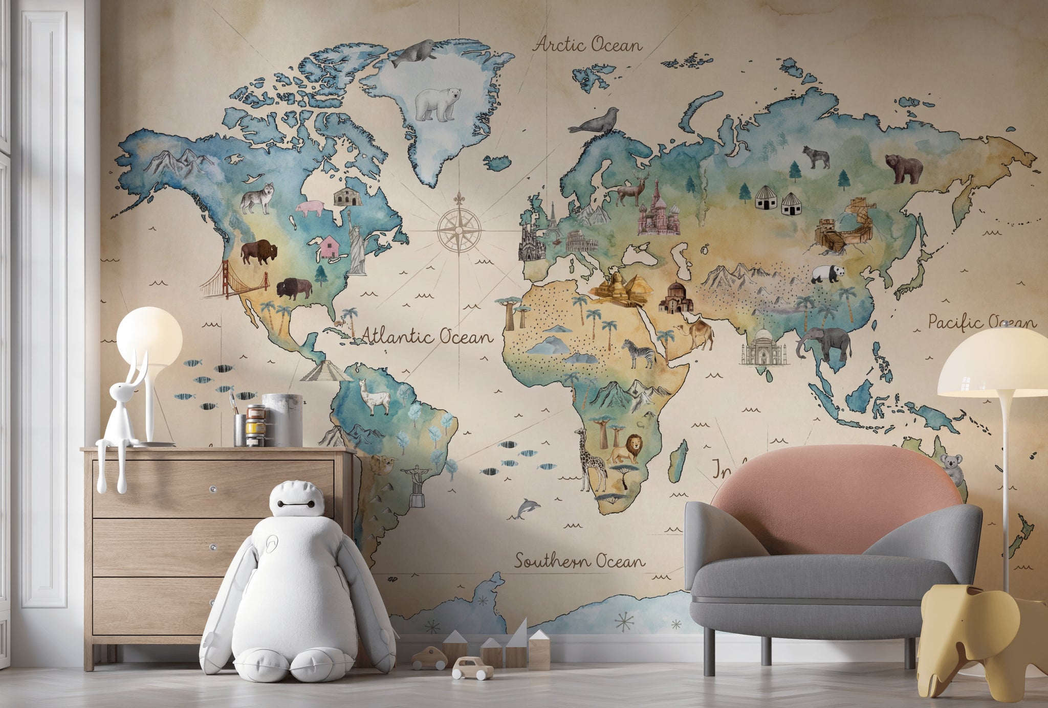 World Map Wallpaper Global Atlas Travel Cartography Removable Wall Decor