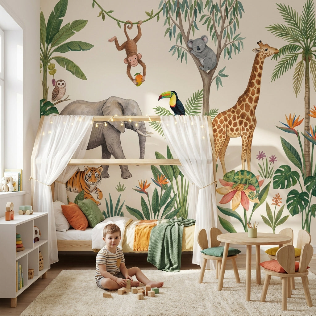 Tropical Jungle Wallpaper Safari Animals Watercolor Illustration Wall Mural