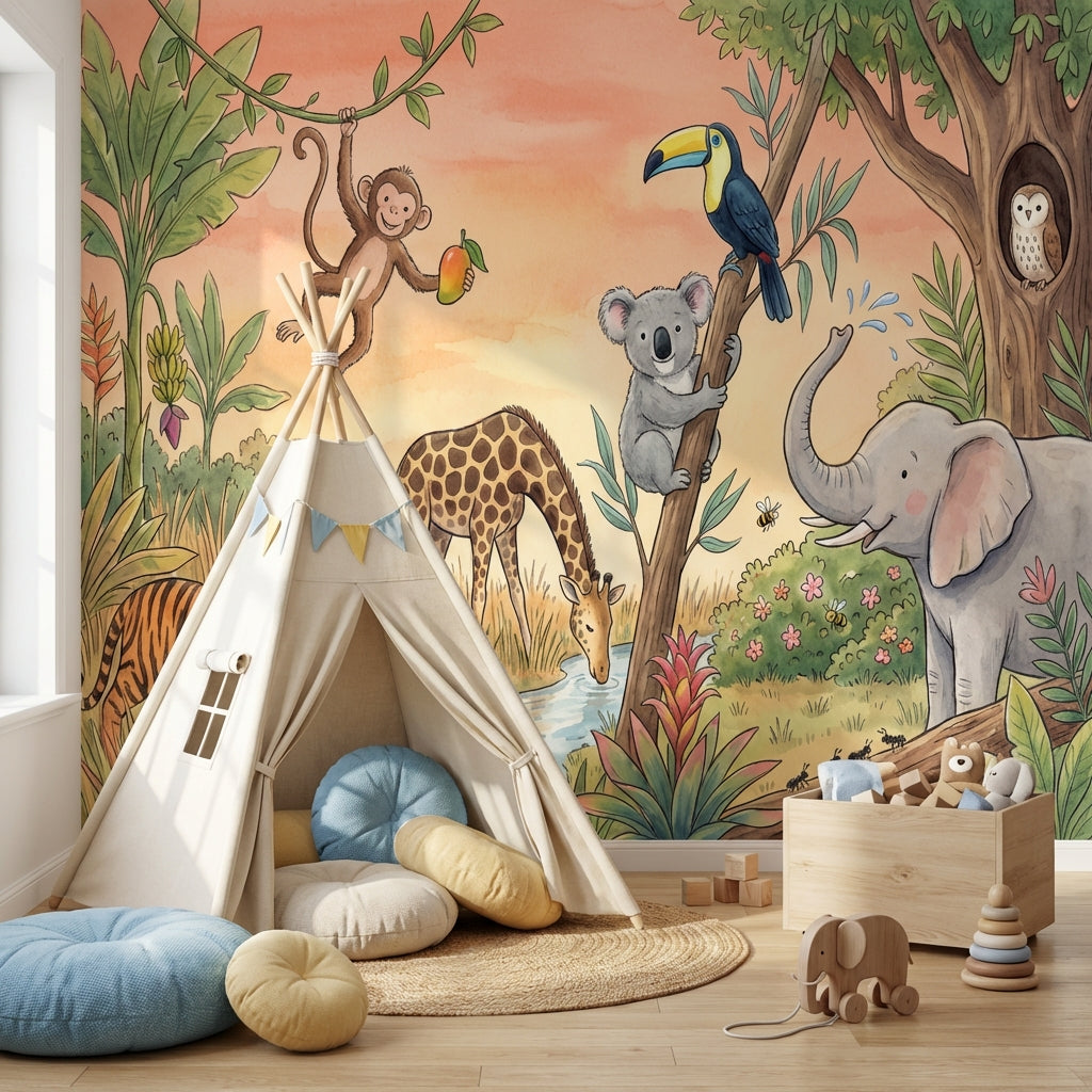 Jungle Wallpaper Safari Animals Watercolor Illustration Wall Mural