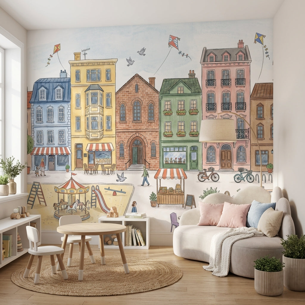 Pastel Cityscape Wallpaper European Townhouses Street Market Removable Wall Decor