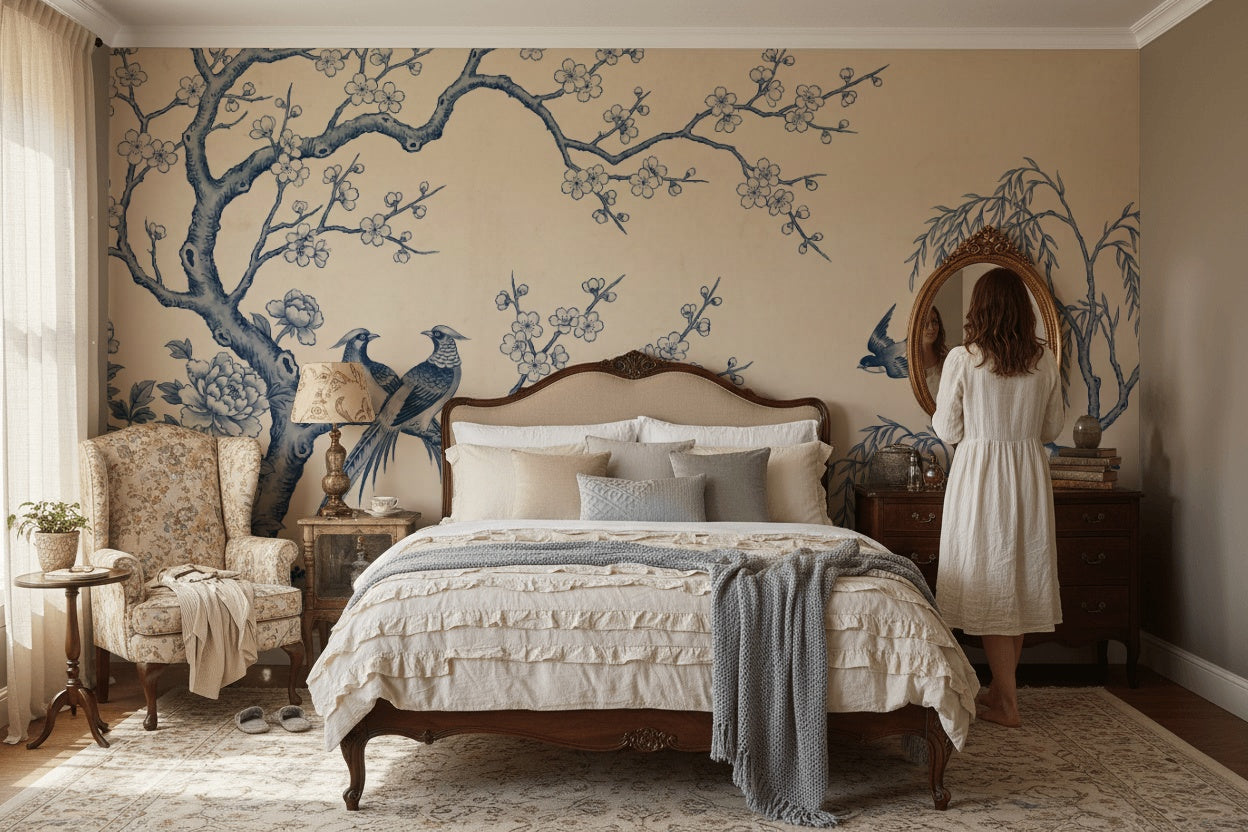 Chinoiserie Wallpaper Blue And White Toile Removable Wall Decor