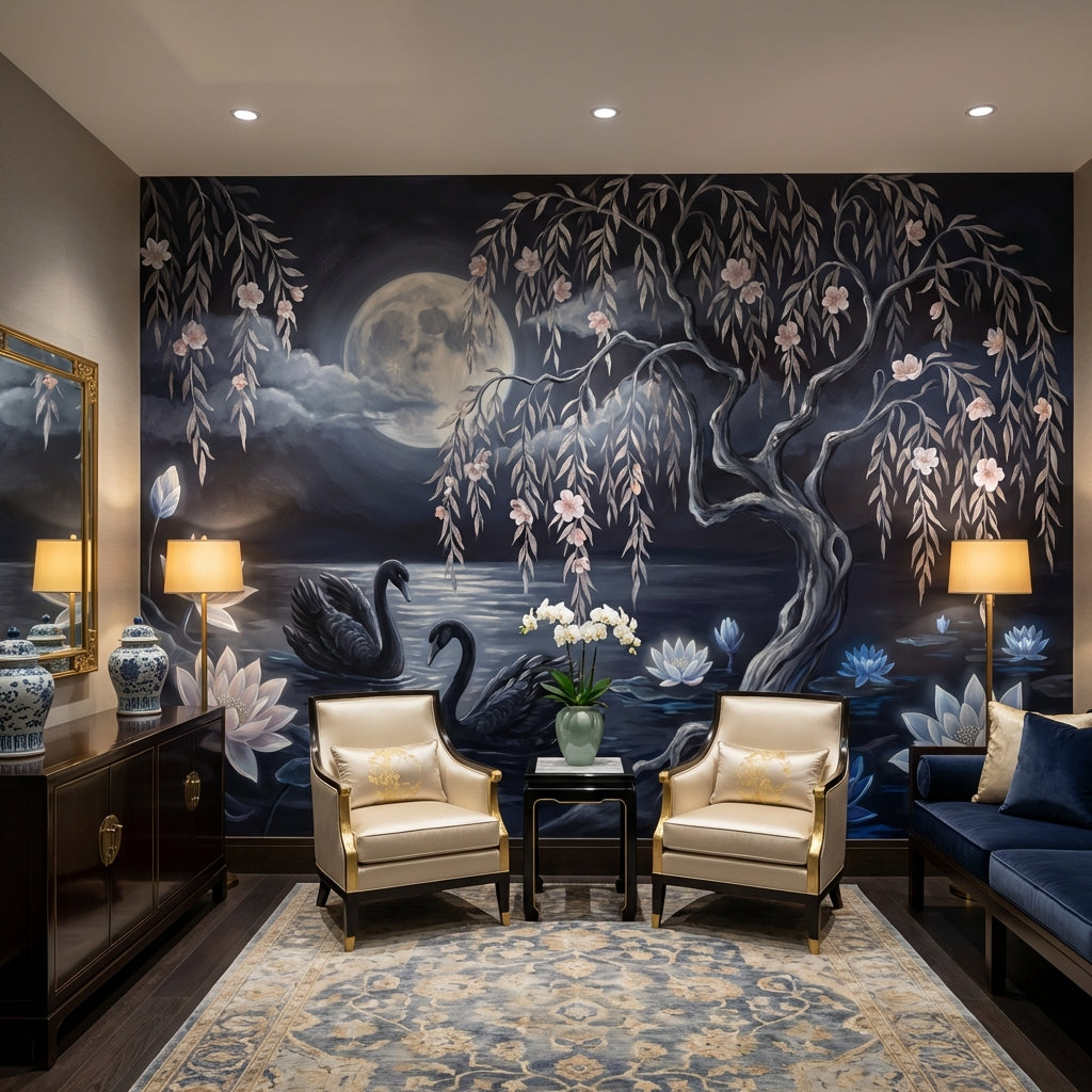 Dark Moonlit Lake Wallpaper Black Swans Willow Tree Wall Mural