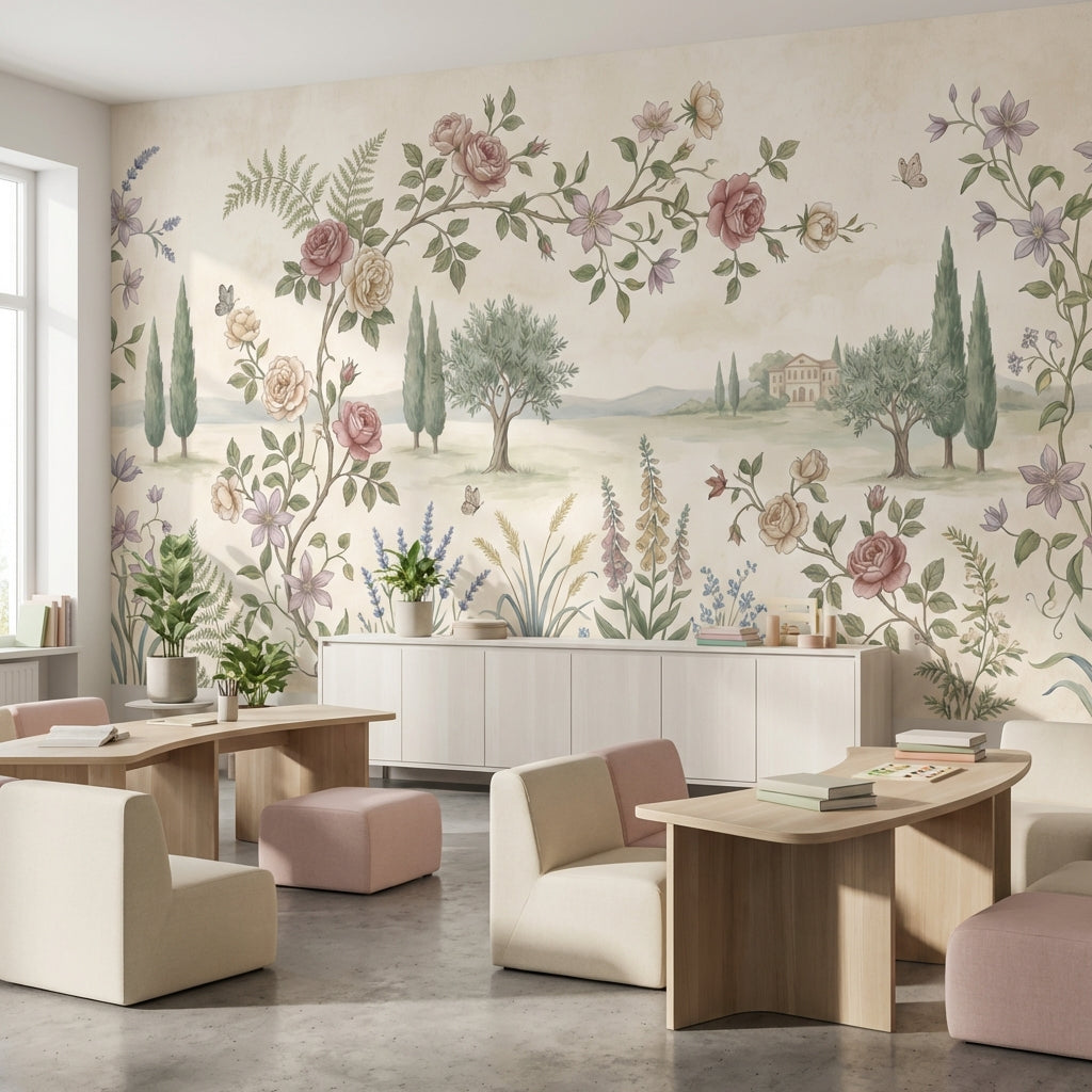 Pastoral Landscape Wallpaper Floral Border Butterflies Wall Mural