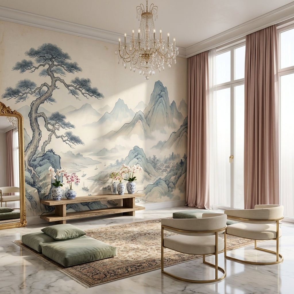 East Asian Landscape Wallpaper Ink Wash Painting Misty Mountains Wall Mural