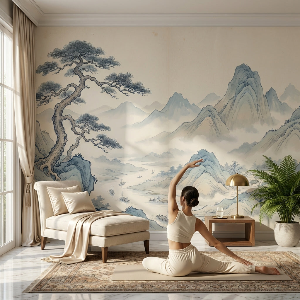 East Asian Landscape Wallpaper Ink Wash Painting Misty Mountains Wall Mural