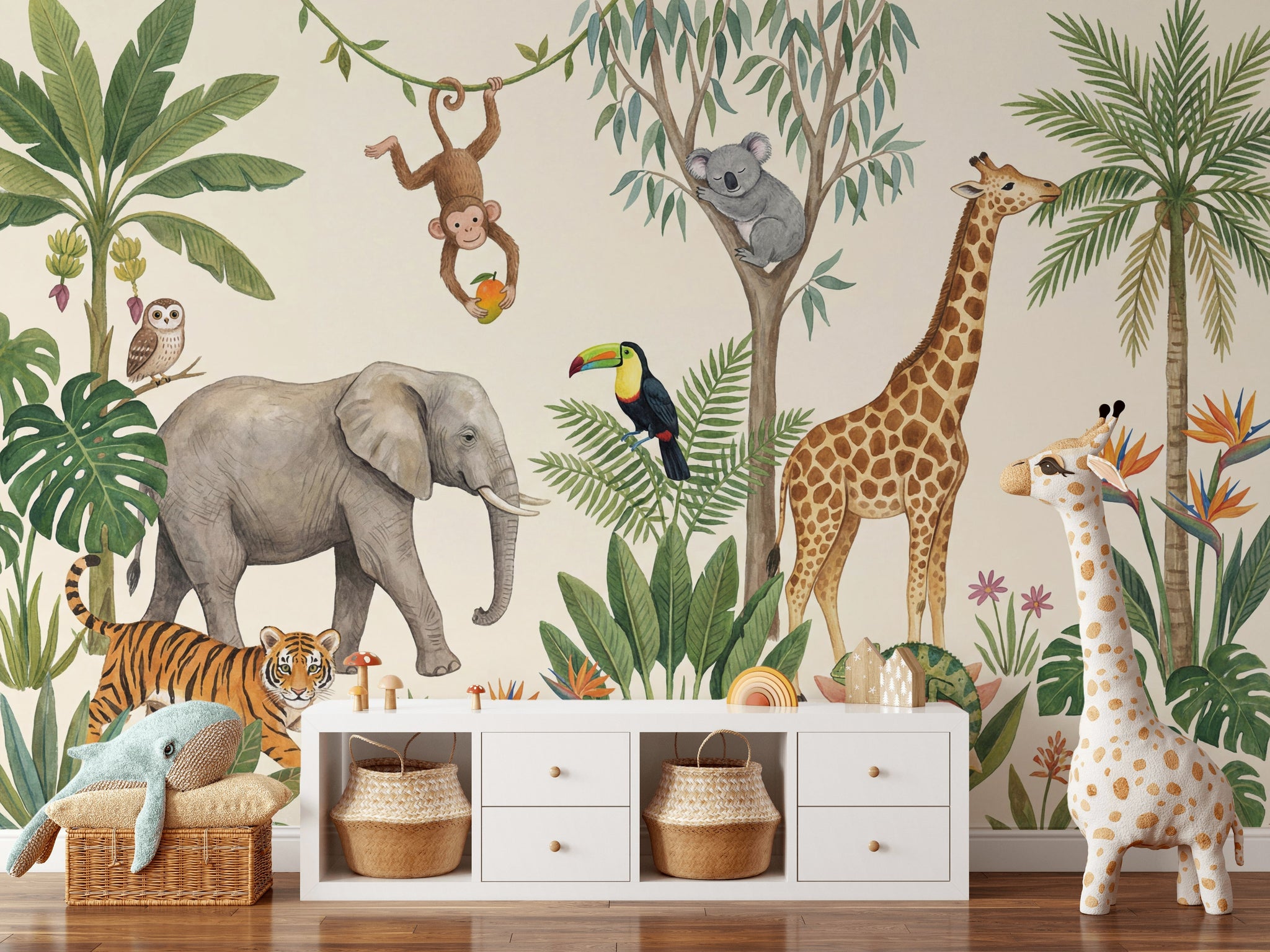 Tropical Jungle Wallpaper Safari Animals Watercolor Illustration Wall Mural