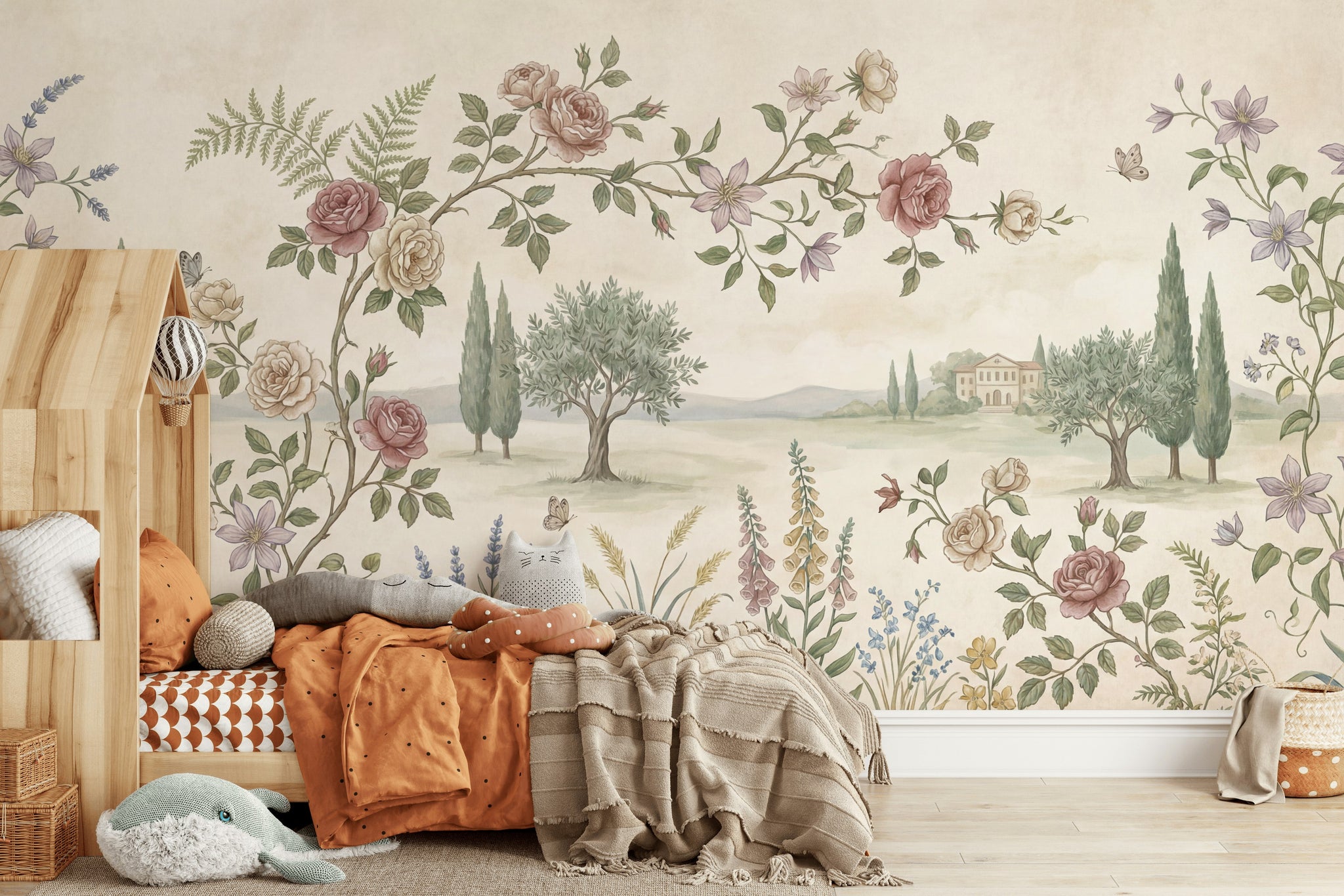 Pastoral Landscape Wallpaper Floral Border Butterflies Wall Mural