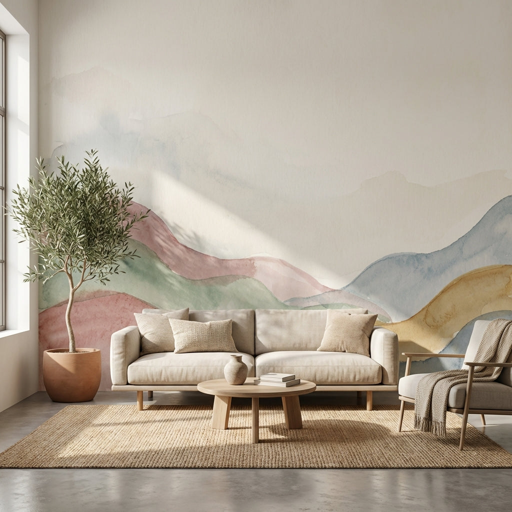 Watercolor Wallpaper Pastel Hills Abstract Landscape Wall Mural