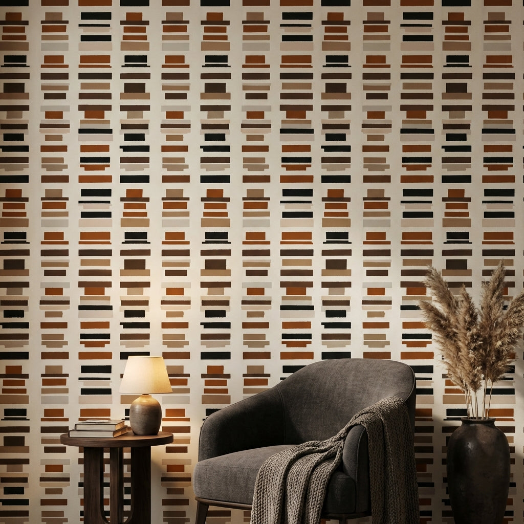 Abstract Geometric Wallpaper Horizontal Brushstrokes Earth Tones Decorative Mural