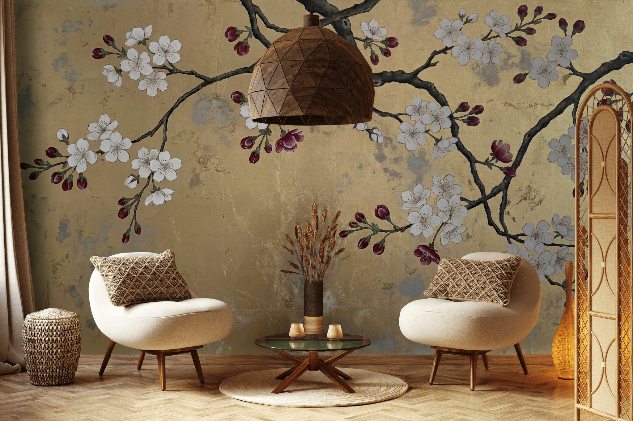 Gold Leaf Background Wallpaper Cherry Blossom Branch Oriental Inspired Wall Mural