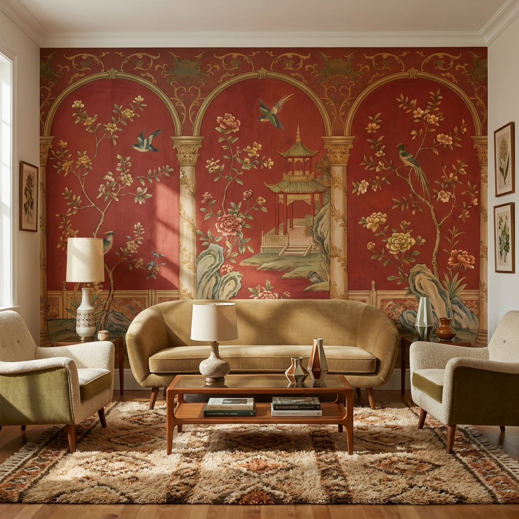 Chinoiserie Wallpaper Red Background Pagoda Pavilion Wall Mural