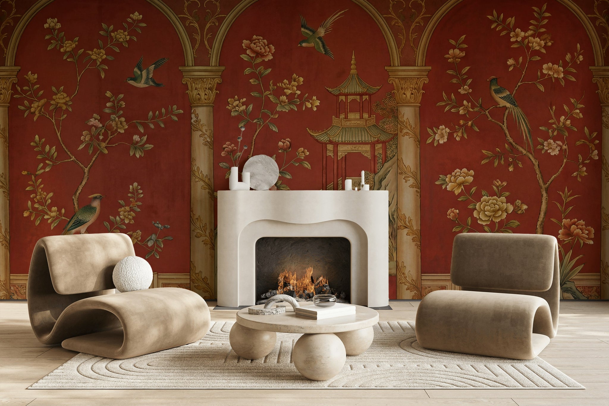 Chinoiserie Wallpaper Red Background Pagoda Pavilion Wall Mural