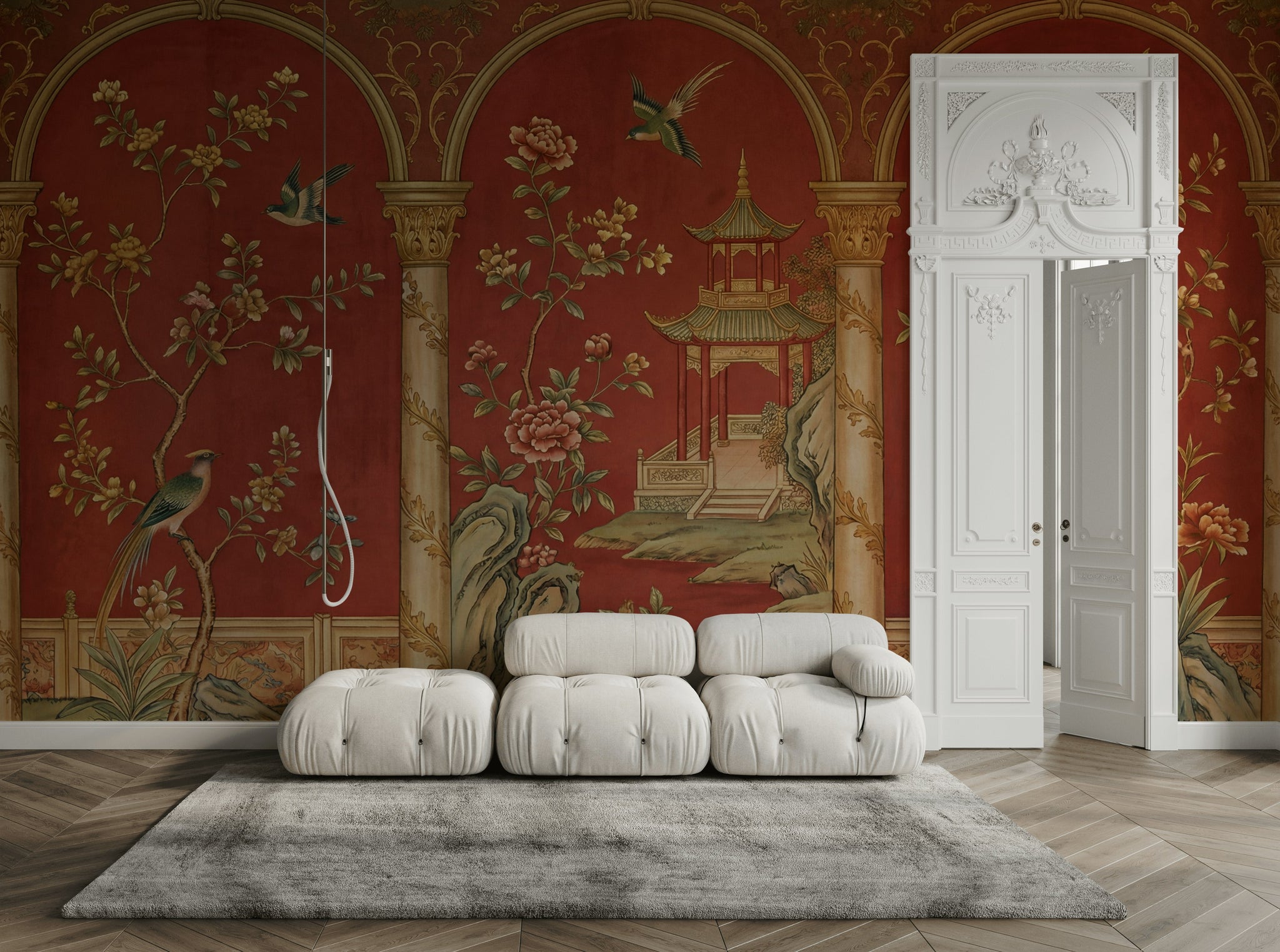 Chinoiserie Wallpaper Red Background Pagoda Pavilion Wall Mural
