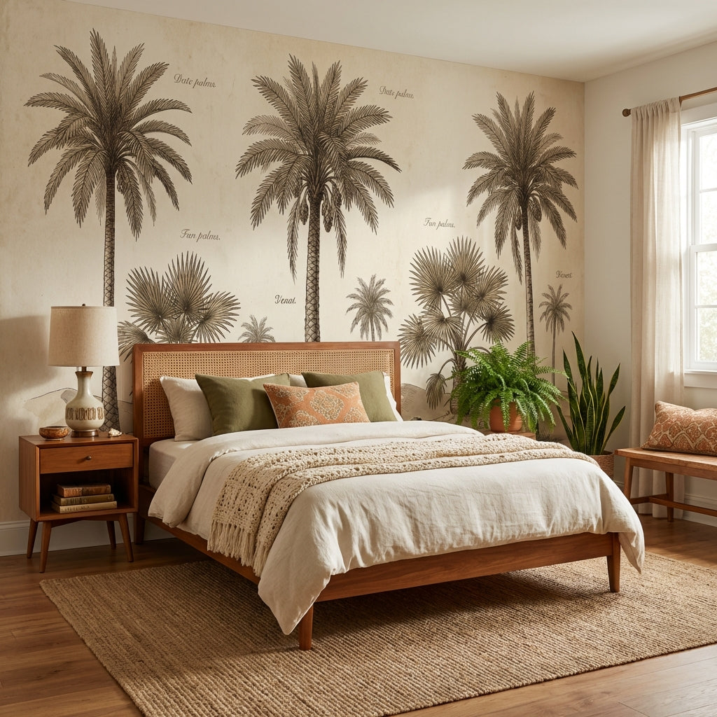 Vintage Botanical Wallpaper Palm Trees Desert Dunes Wall Mural