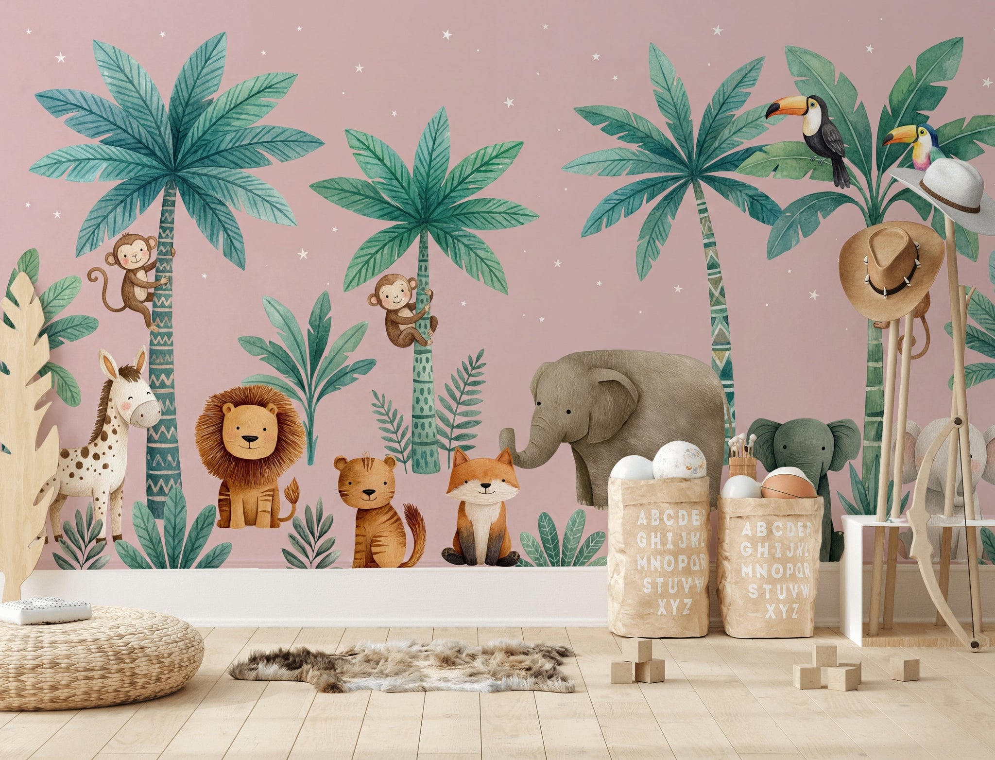 Tropical Jungle Wallpaper Nursery Wallpaper Cute Animals Removable Wall Decor